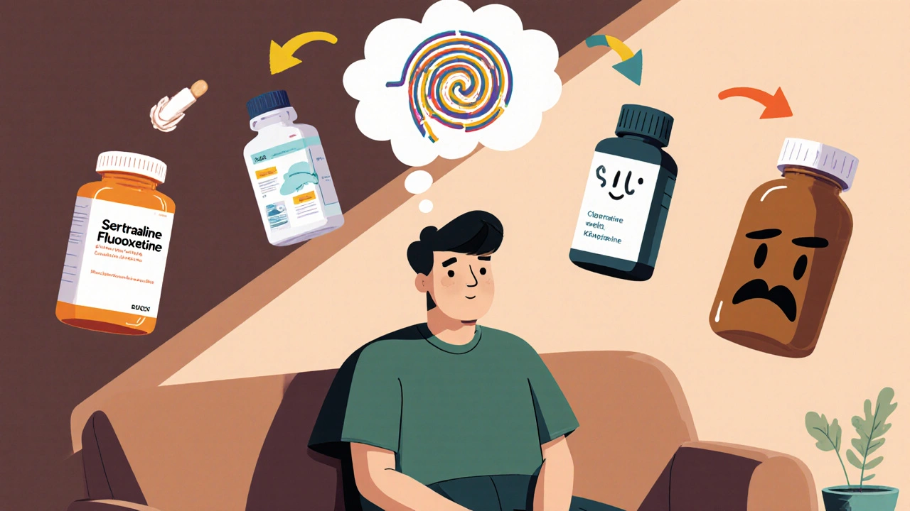A person surrounded by personality-filled medication bottles and ERP therapy symbols in a cozy room.