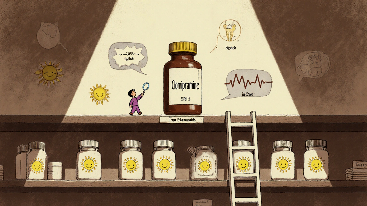 A pharmacy shelf with SSRIs on low shelves and Clomipramine on a high shelf, a small figure reaching up with a magnifying glass.