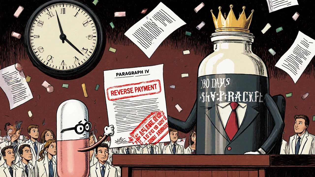 A small generic mascot in court facing a giant brand-name CEO with a reverse payment contract.