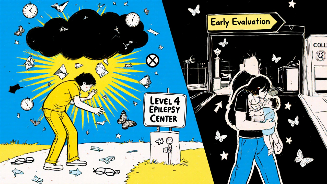 A split scene showing a person transformed from trapped by seizures to living freely—holding a driver’s license and walking into college, with seizures becoming butterflies.