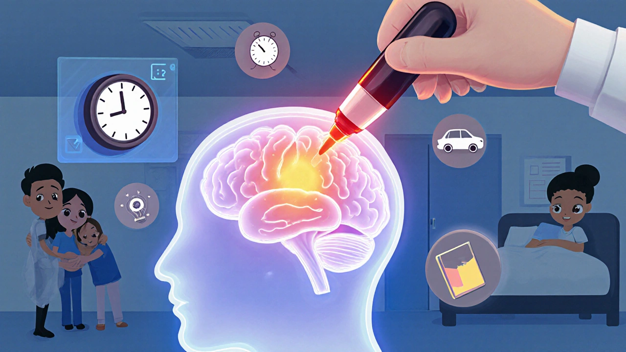 A surgeon uses a glowing laser to safely remove a seizure focus in a cartoon brain, while icons of driving, school, and sleep turn colorful around it.