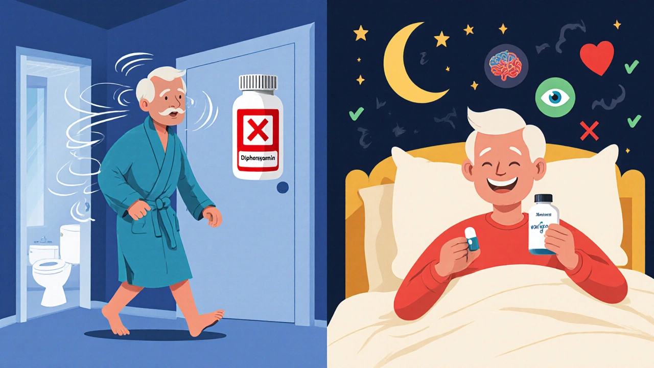 An elderly man choosing melatonin over diphenhydramine, with warning symbols fading and calm light returning.
