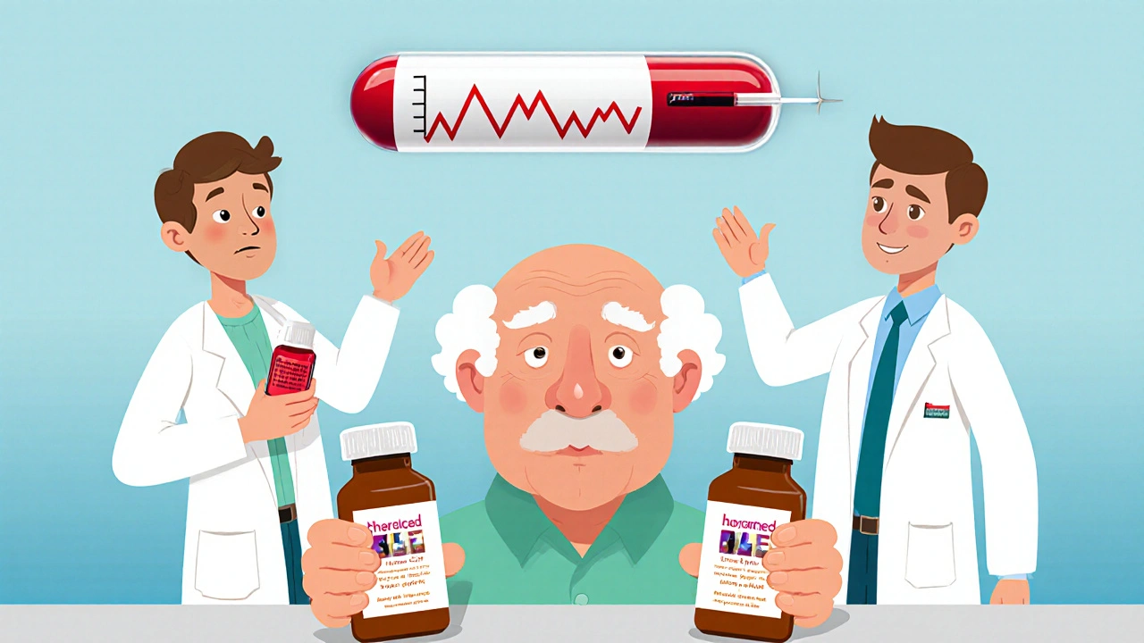 An elderly person confused by two different generic digoxin bottles while a blood test spikes red.