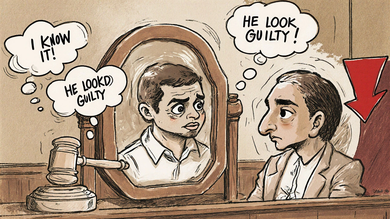 An eyewitness&#039;s distorted memory in a courtroom, with belief bubbles and a confirmation bias gavel.