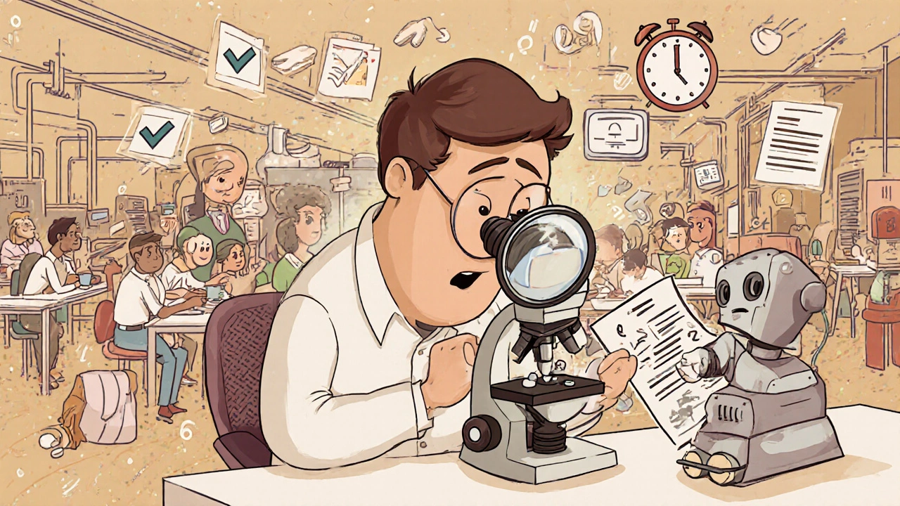 An FDA inspector examines a generic inhaler with floating patent clocks and manufacturing icons.