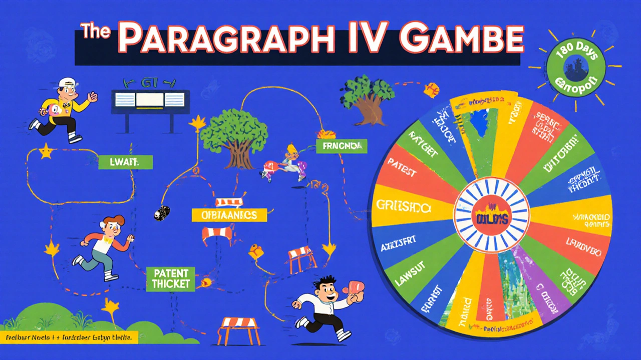 Colorful flowchart showing the high-risk path to 180-day generic drug market exclusivity.