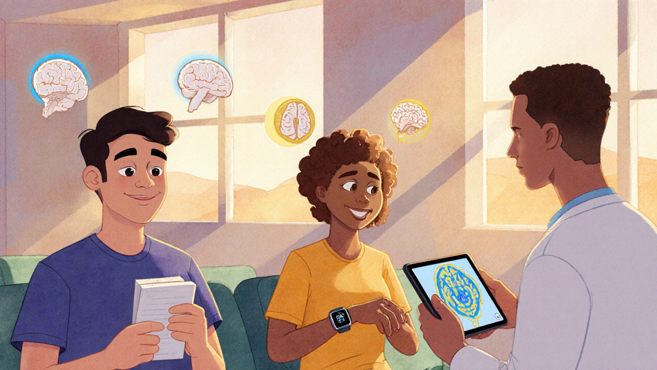 Diverse patients in clinic with symptom diary, Apple Watch, and brain map on tablet