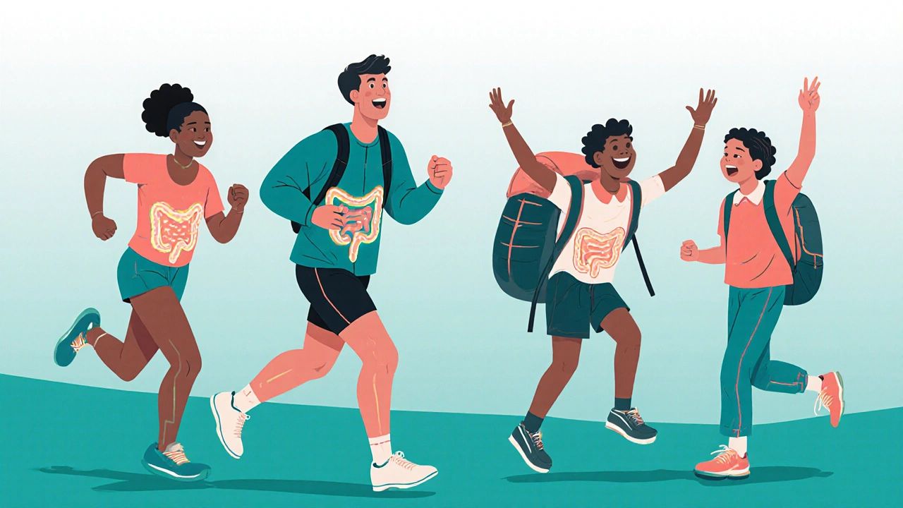 Diverse people living active lives with faint glowing colon outlines, symbolizing remission, in cheerful CalArts illustration style.