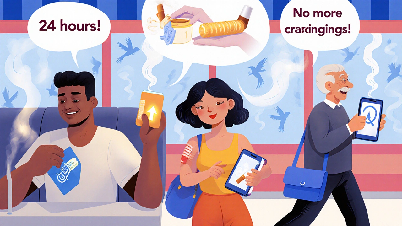 Diverse people using cessation tools like patches, gum, and apps, with positive affirmations above them.