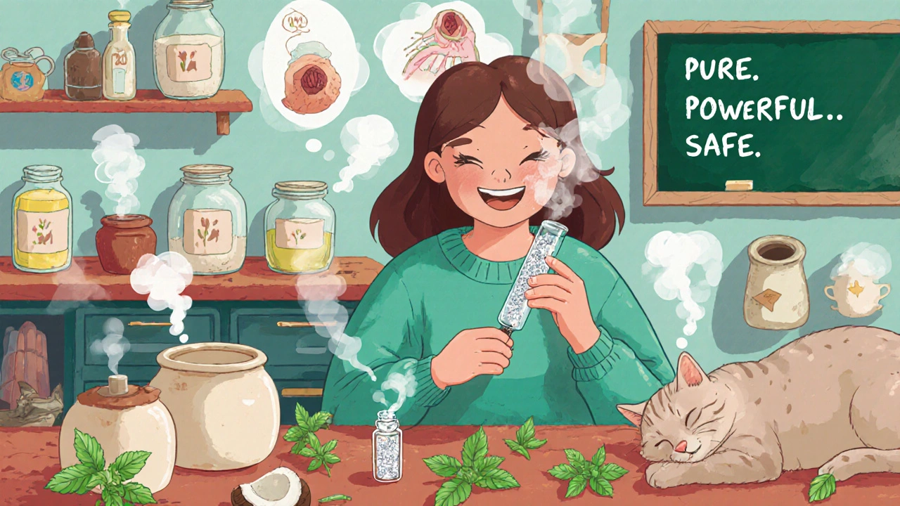 DIY inhaler being filled with menthol crystals in a cozy herbal workspace