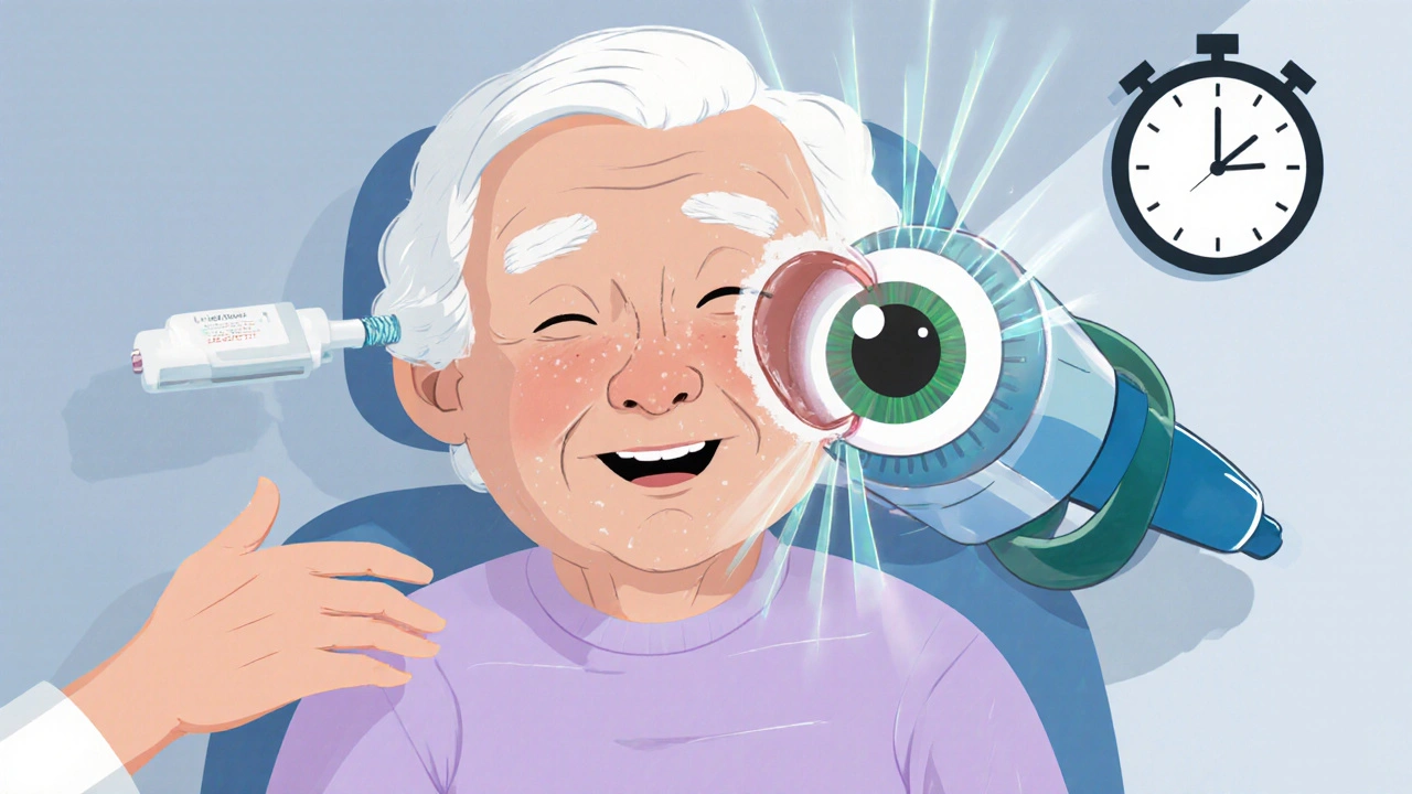 Elderly patient receiving a smiling iStent device during cataract surgery