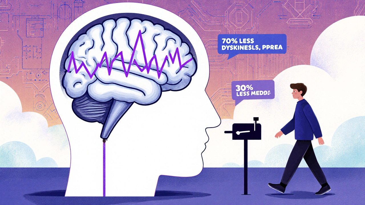 Futuristic DBS device adjusting stimulation as man walks steadily toward mailbox