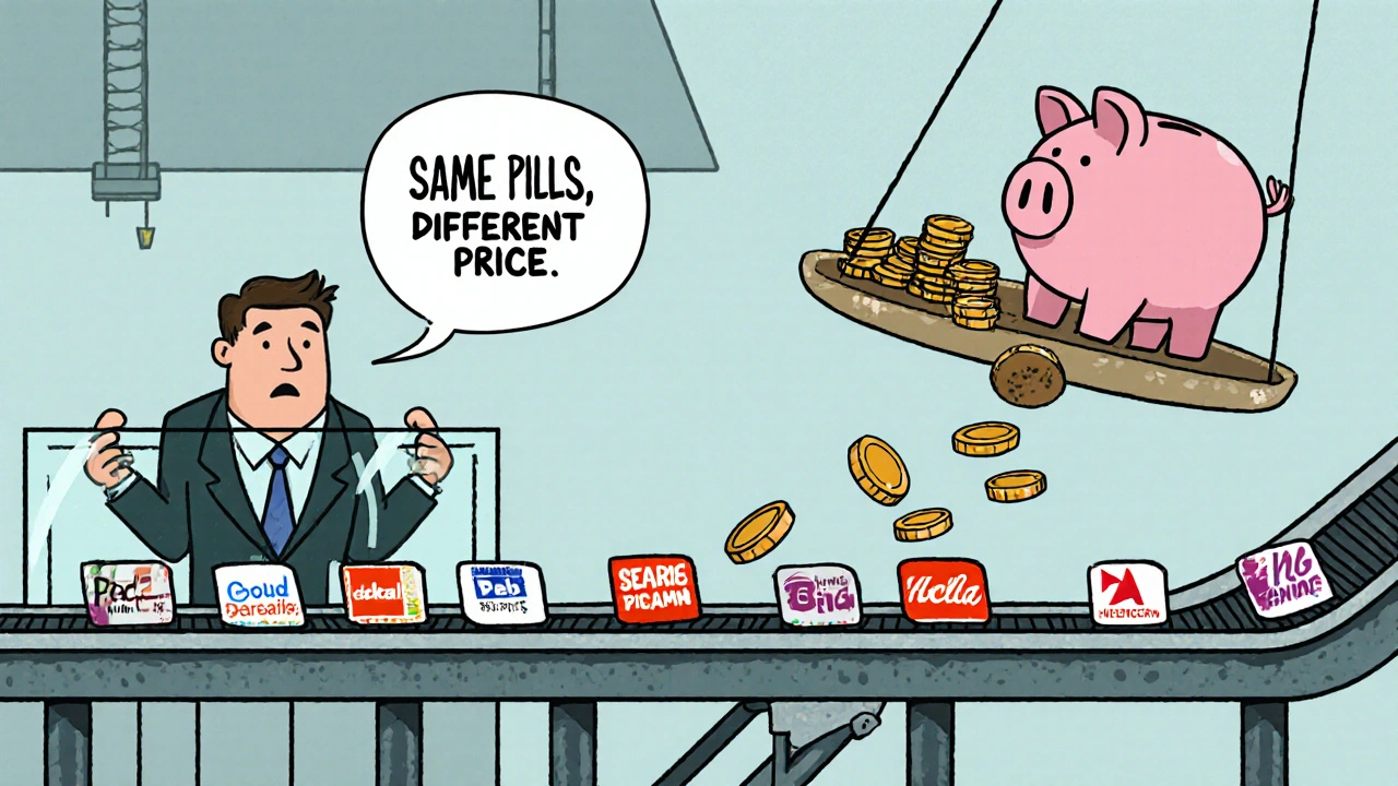 Identical pills on a factory line split into branded and plain-labeled streams, with a CEO watching and prices dropping.