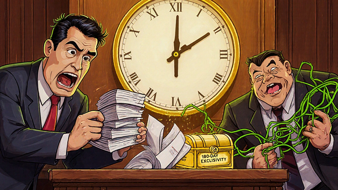 Lawyer defeats patent thicket in court as 180-day exclusivity treasure glows in the background.