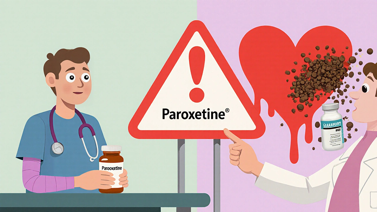 Patient holding paroxetine pill while doctor points to bleeding warning, with medical scenes in background