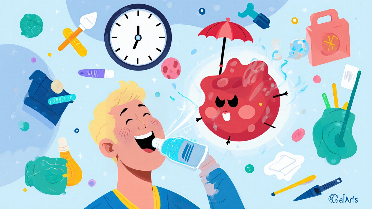 Patient using medicated mouthwash at the dentist, dental tools nearby