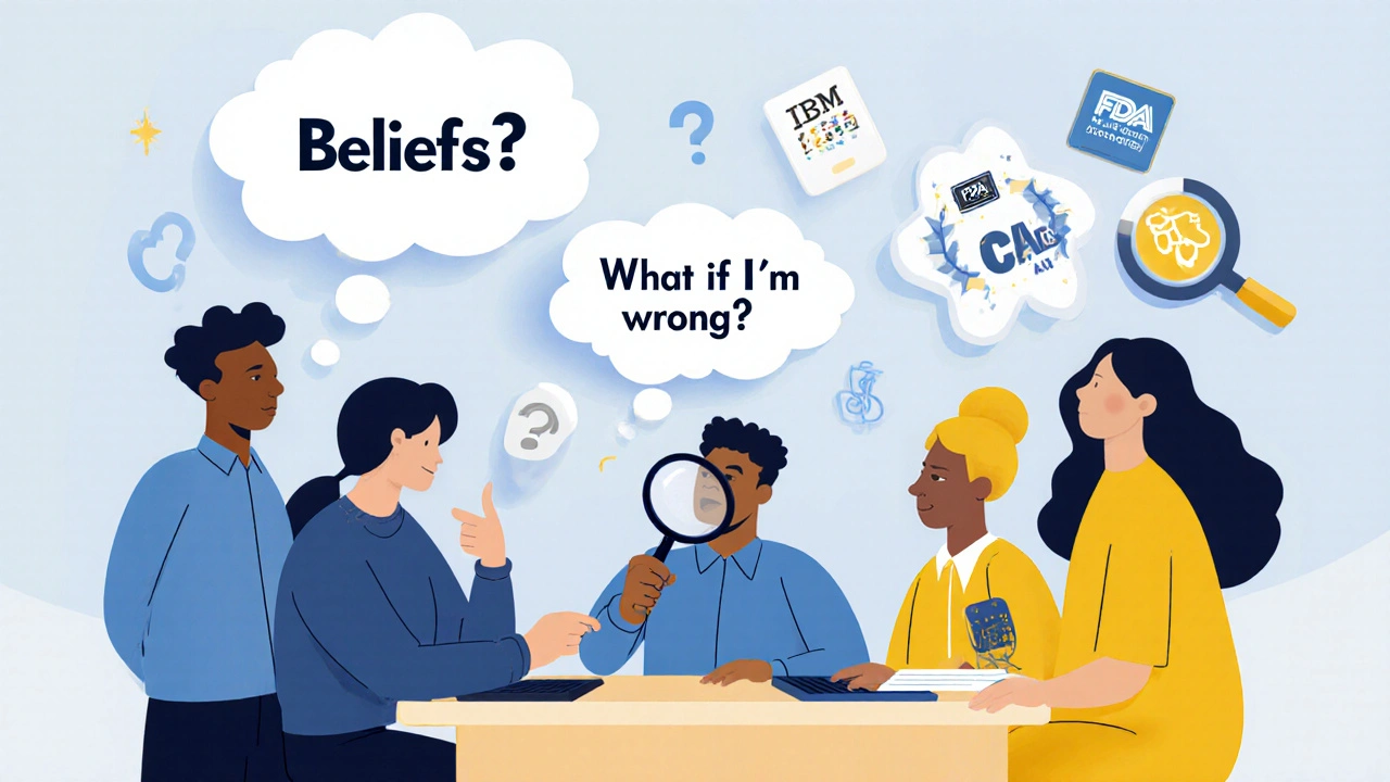 People at a table, one pausing to question their belief, with digital bias-reduction tools nearby.