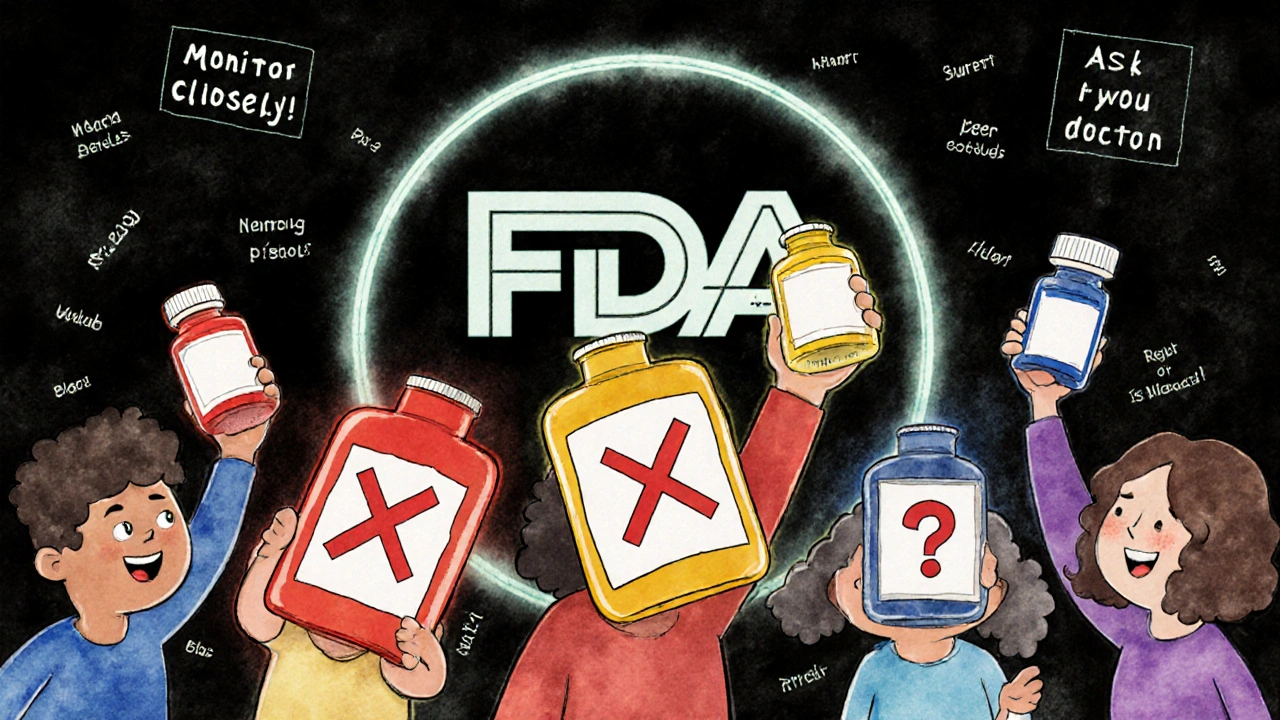 People holding prescription bottles with colored warning auras, one crossing it out.