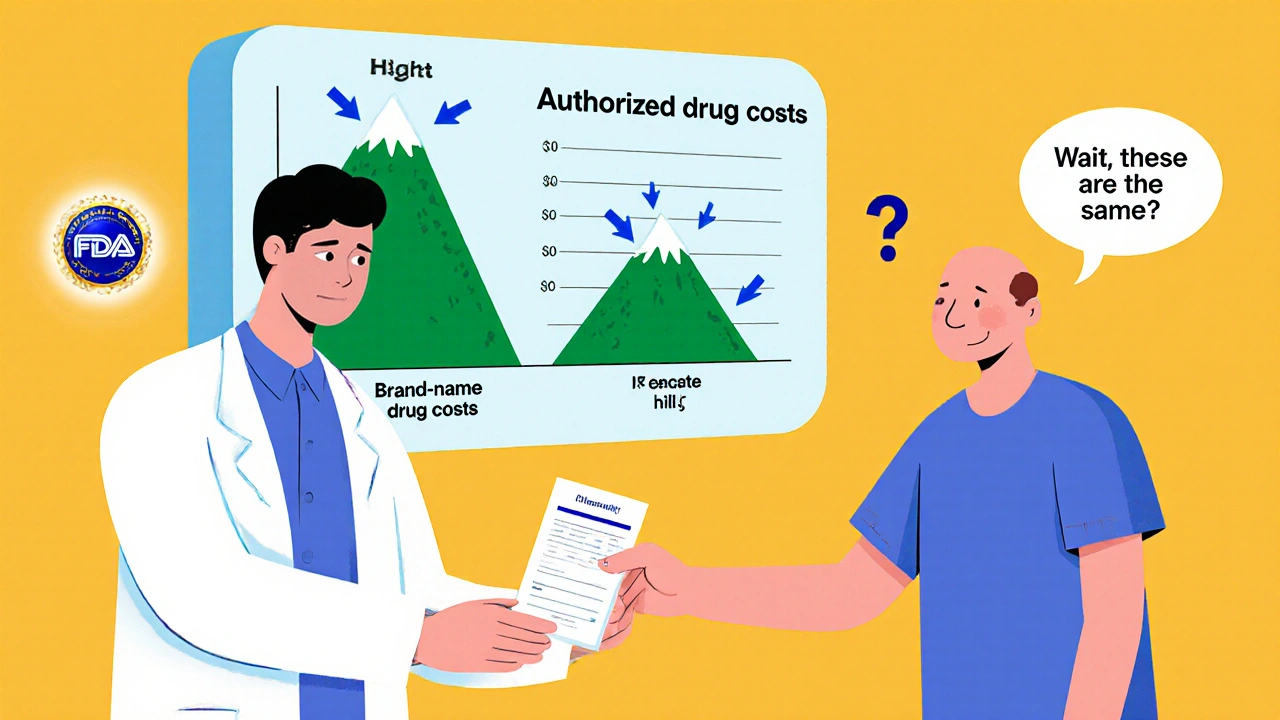 Pharmacist handing a prescription as a visual chart shows cost difference between brand and generic drug.