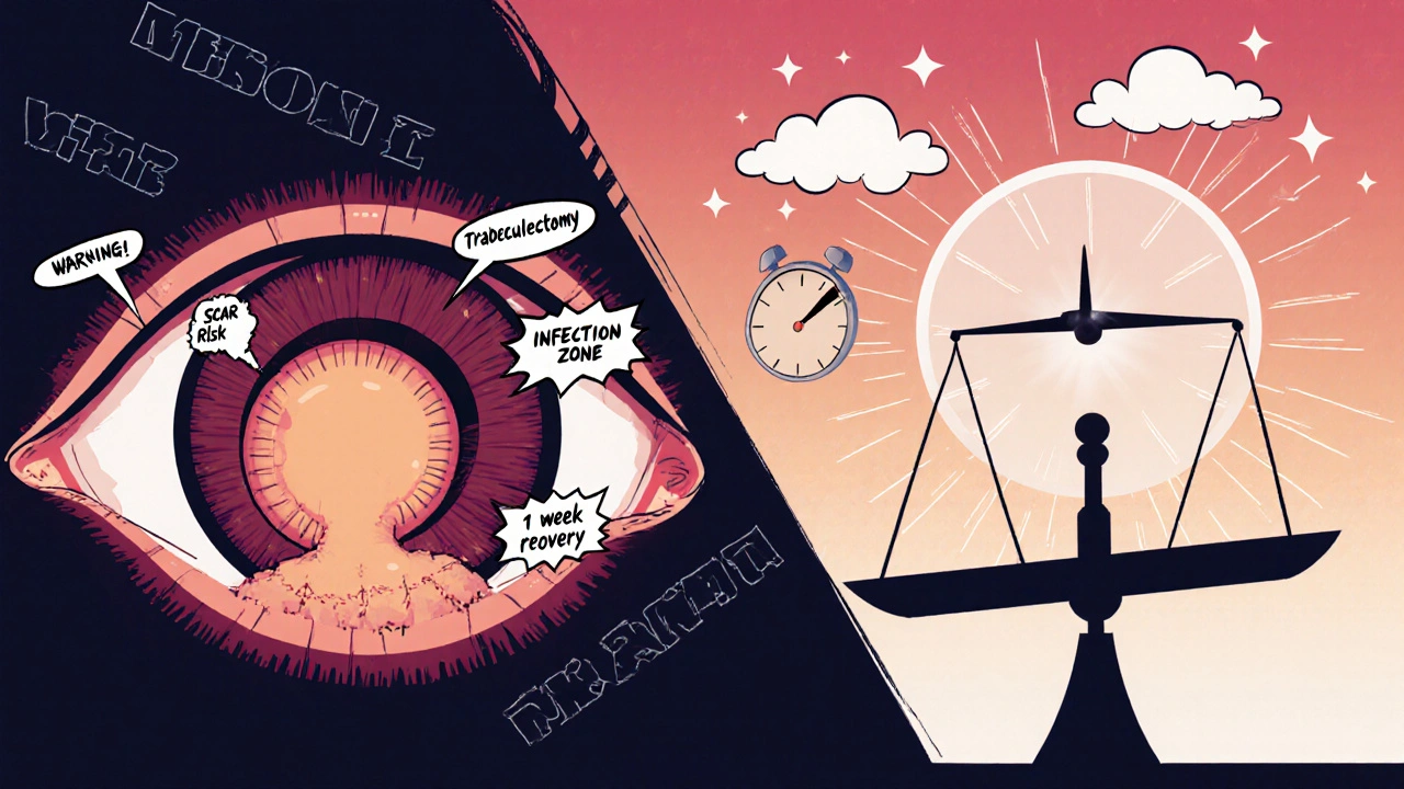 Side-by-side cartoon comparison of trabeculectomy and MIGS procedures
