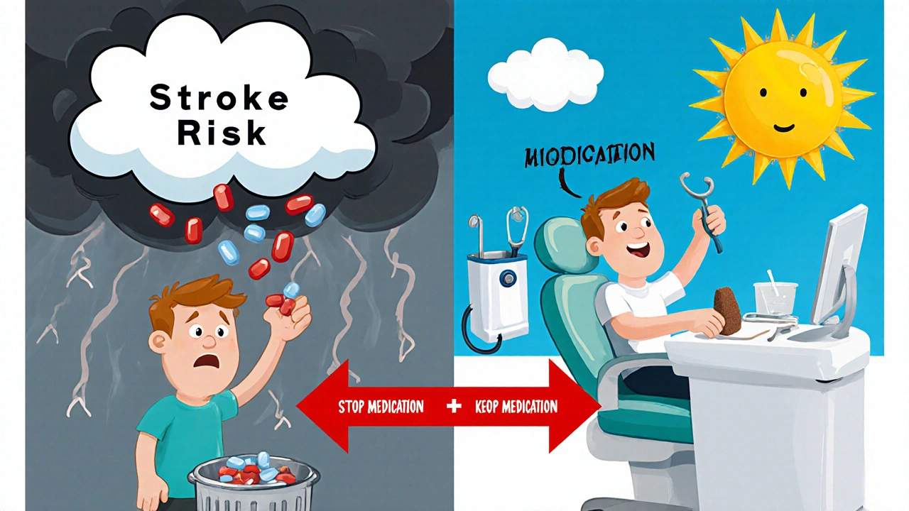 Split scene: stopping blood thinners leads to stroke, keeping them with dental care is safe