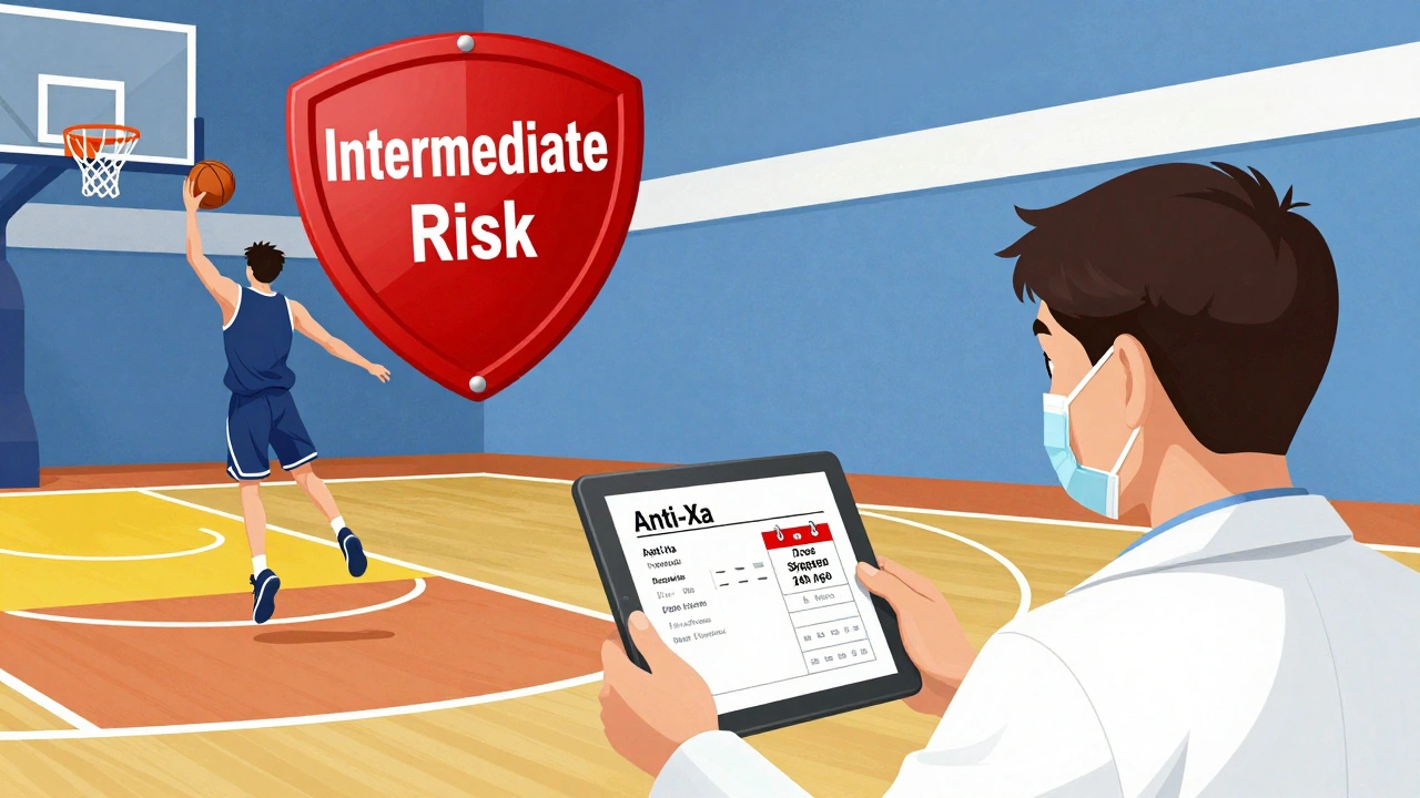 A basketball player mid-jump with a caution shield above them, accompanied by a doctor showing a blood test on a tablet.