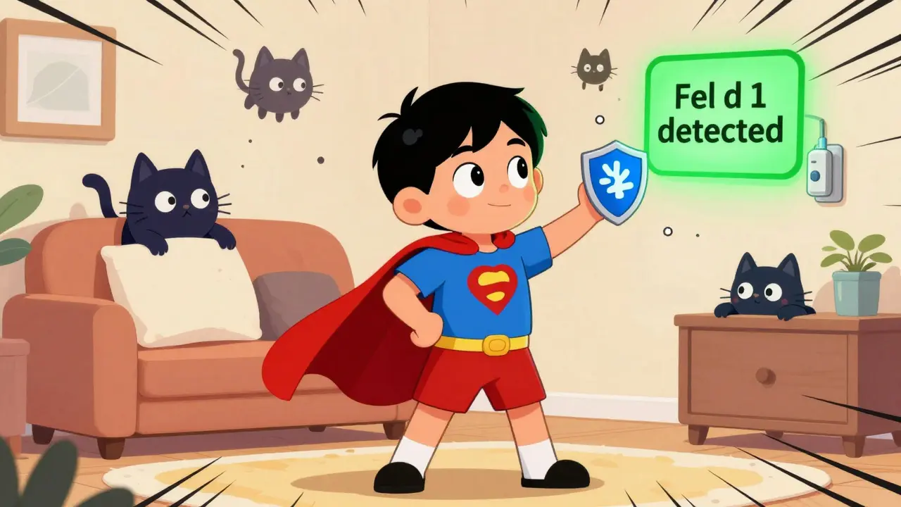 A child with a cape uses a shield to block sneaky cat dander gremlins in a living room with a nasal sensor alerting.
