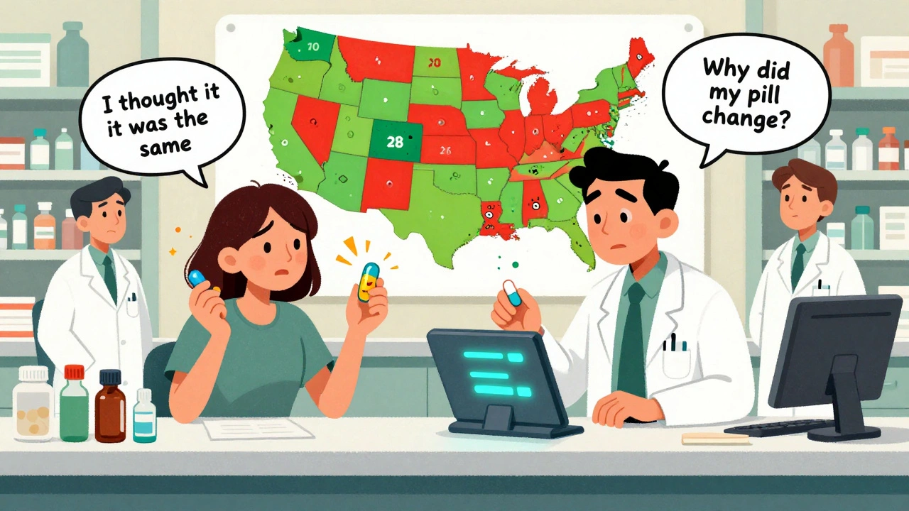 A confused patient holds two different pills at a pharmacy while a doctor gets an alert about the switch.