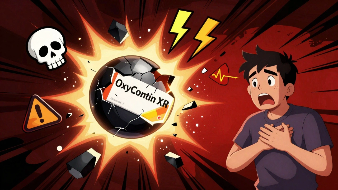 A dangerous extended-release pill exploding into warning symbols with a shocked patient nearby.