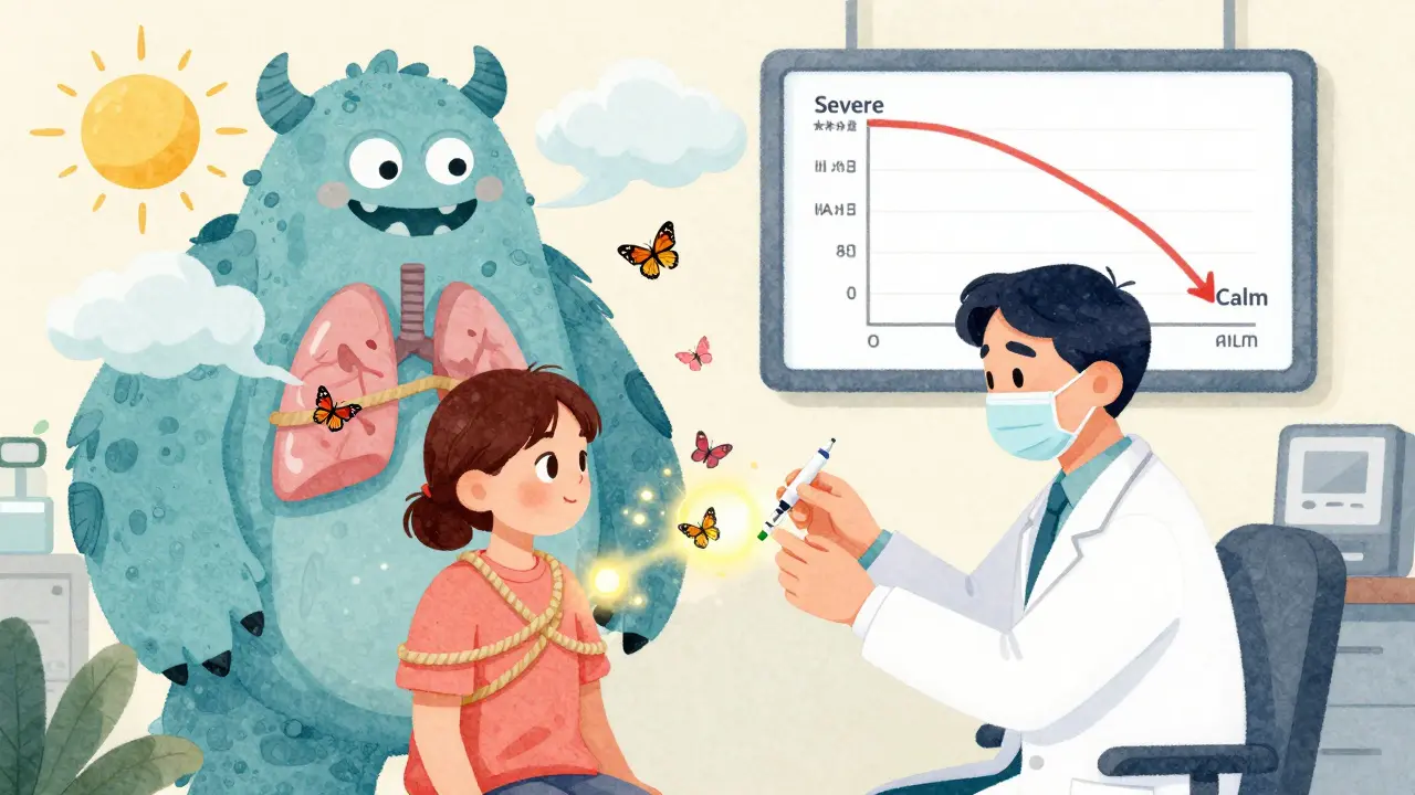 A doctor gives an allergy shot as IgE monsters turn into butterflies and asthma symptoms dissolve into sunshine.