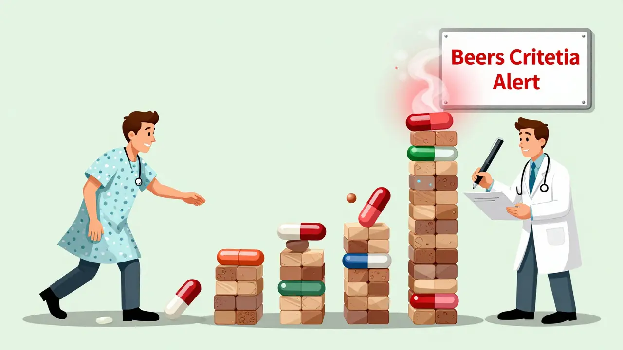 A man stacked with prescription pills forming a wobbling tower, symbolizing a prescribing cascade.