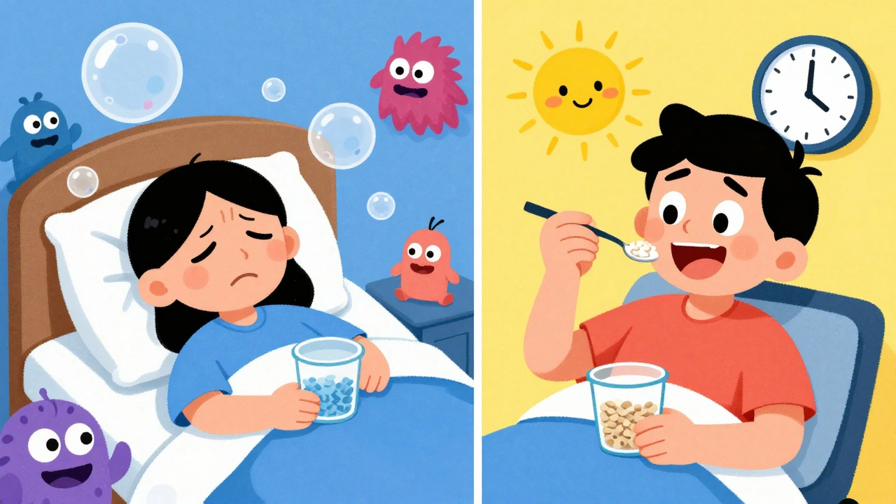 A patient sleeping poorly with nighttime fiber versus peacefully taking fiber safely in the afternoon.
