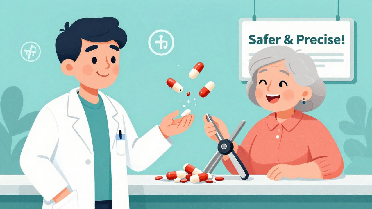 A pharmacist giving a small pill to an older woman while split pills crumble away.