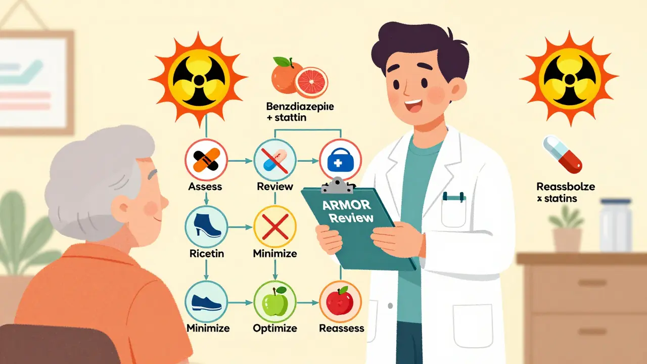 A pharmacist guiding an older adult through a colorful five-step medication review flowchart.