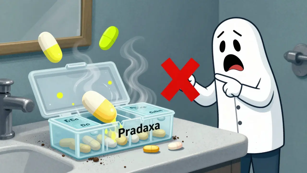 A pill organizer in a steamy bathroom with a melting tablet, ghost doctor pointing at a red X, cartoon moisture swirls.
