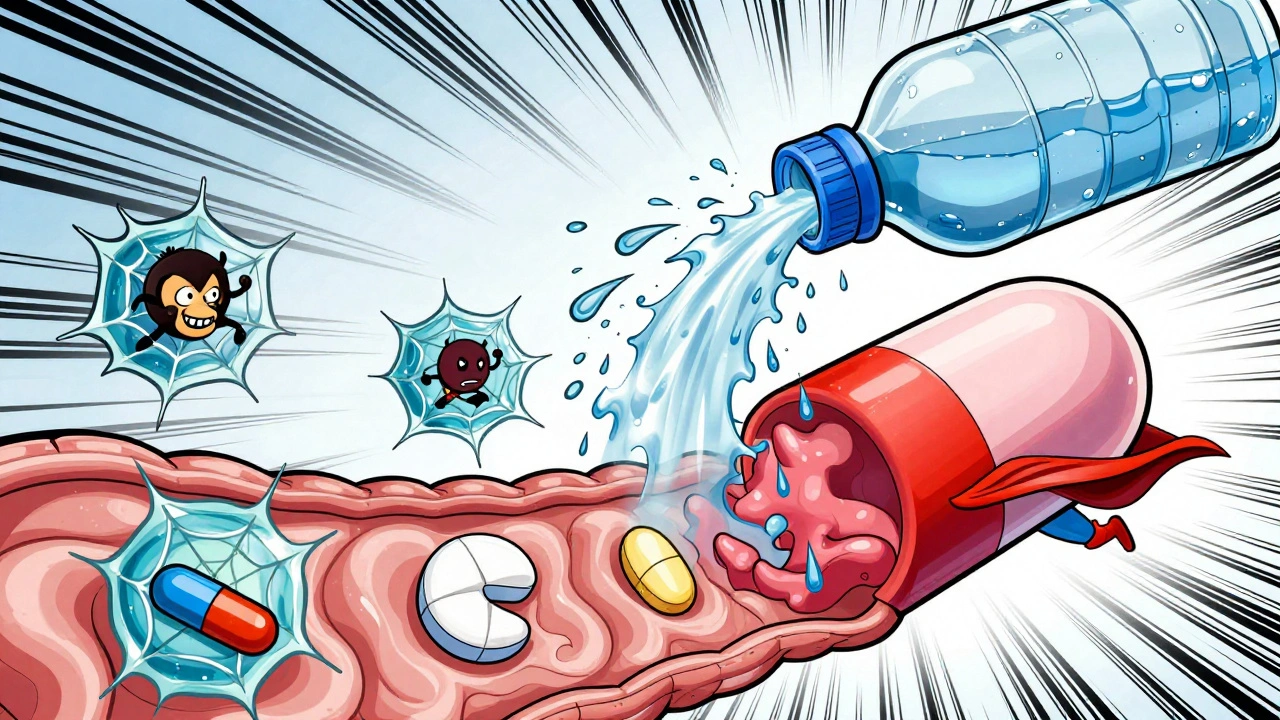 A superhero psyllium capsule fighting medication interactions in the gut, surrounded by gel webs and water.