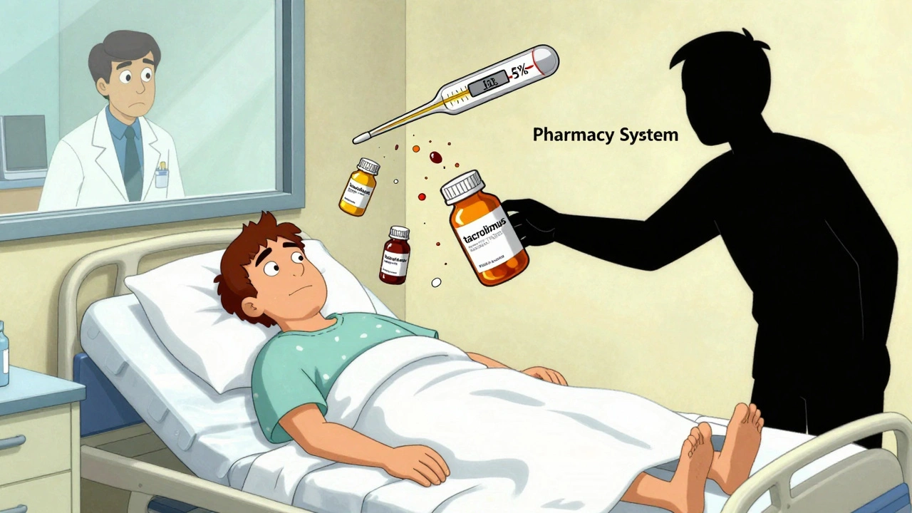 A transplant patient&#039;s pill bottles tremble as blood levels drop dangerously, watched by a helpless doctor.