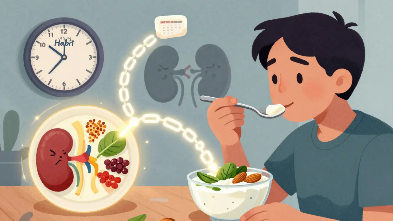 Breakfast with yogurt and spinach linked by calcium chain, preventing kidney stones.