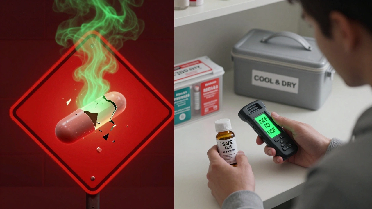 Contrasting images: toxic expired tetracycline vs. safe ibuprofen with potency scanner.
