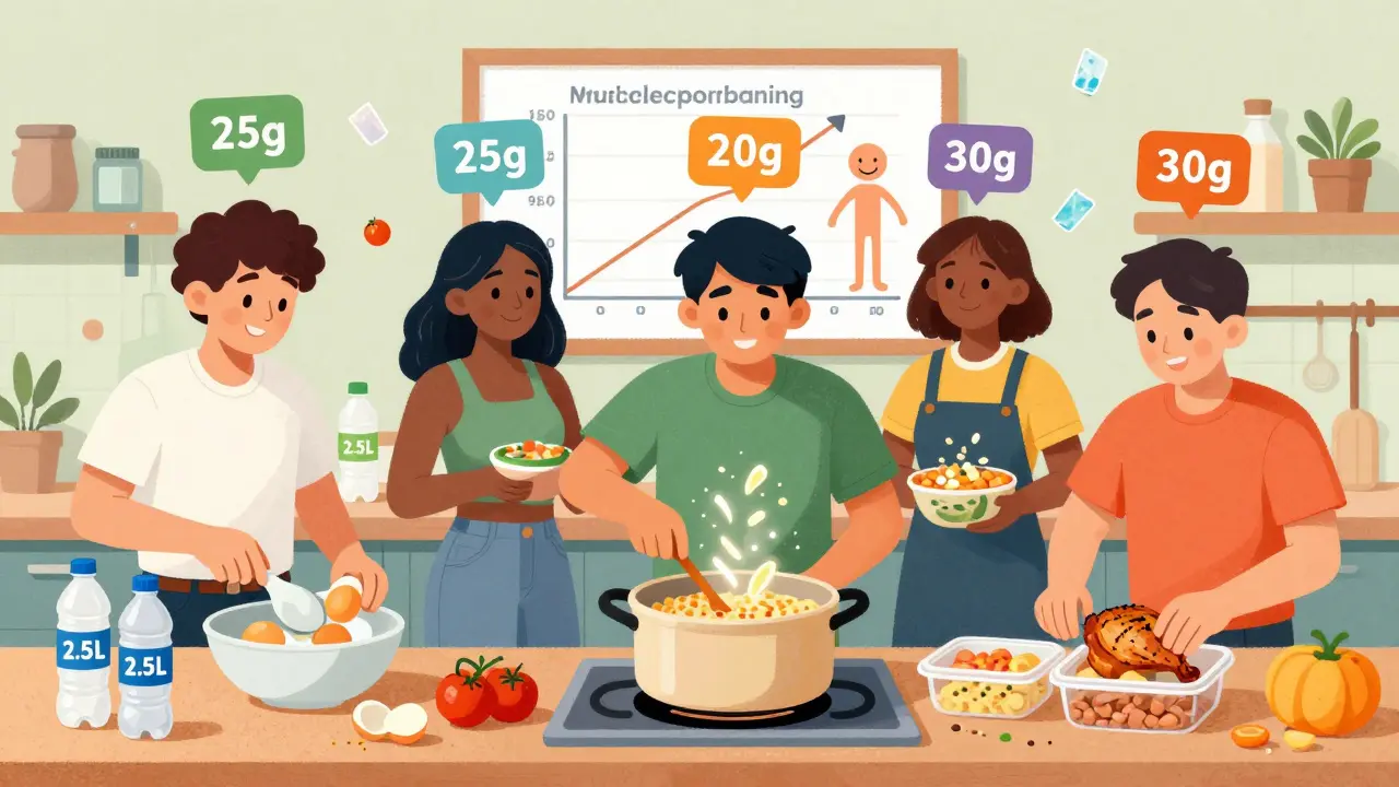 Diverse group batch-cooking protein meals on Sunday, labeled containers and glowing leucine crystals.