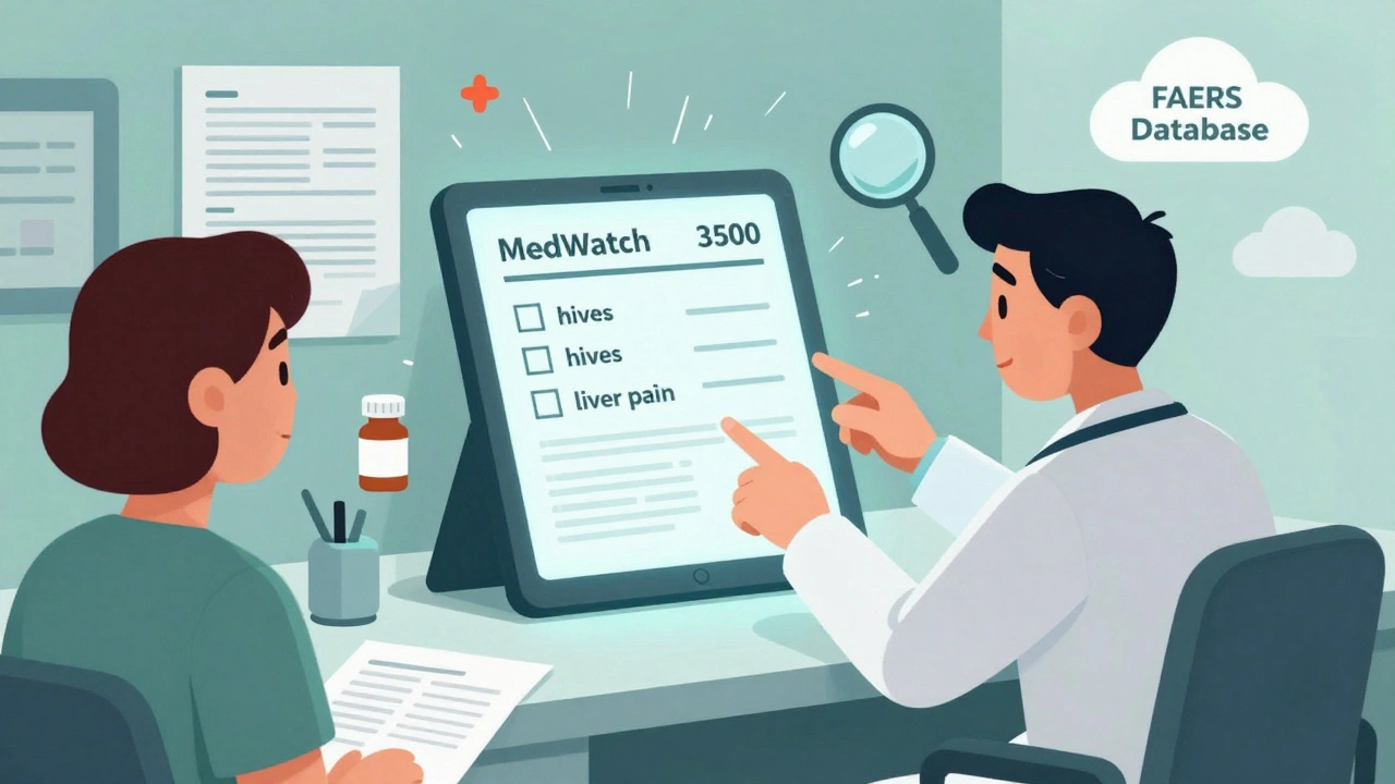 Doctor and patient filling out FDA MedWatch form together on a tablet during a clinic visit.