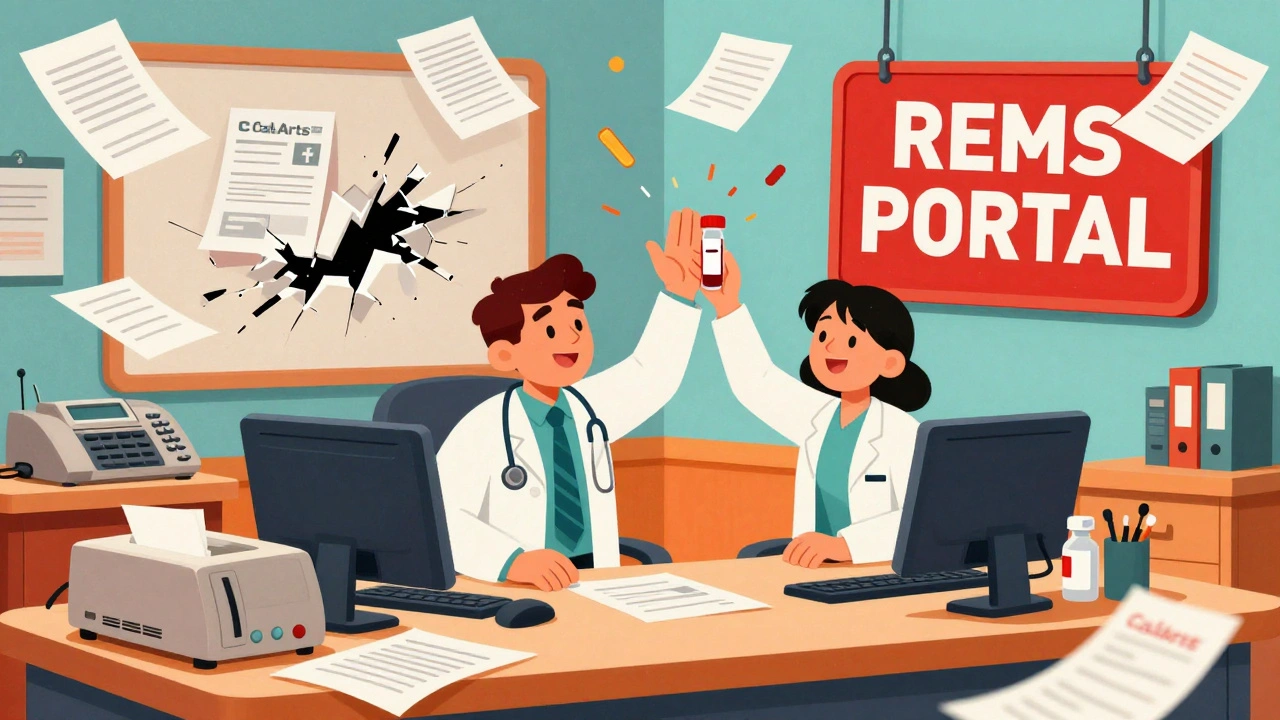 Doctor and pharmacist celebrating as bureaucratic paperwork flies away