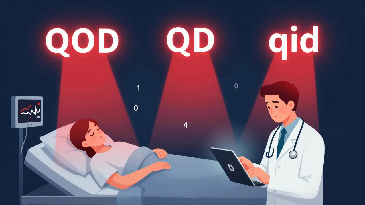 Doctor typing 'QD' as ghostly versions multiply into deadly dosage errors above a sleeping patient.