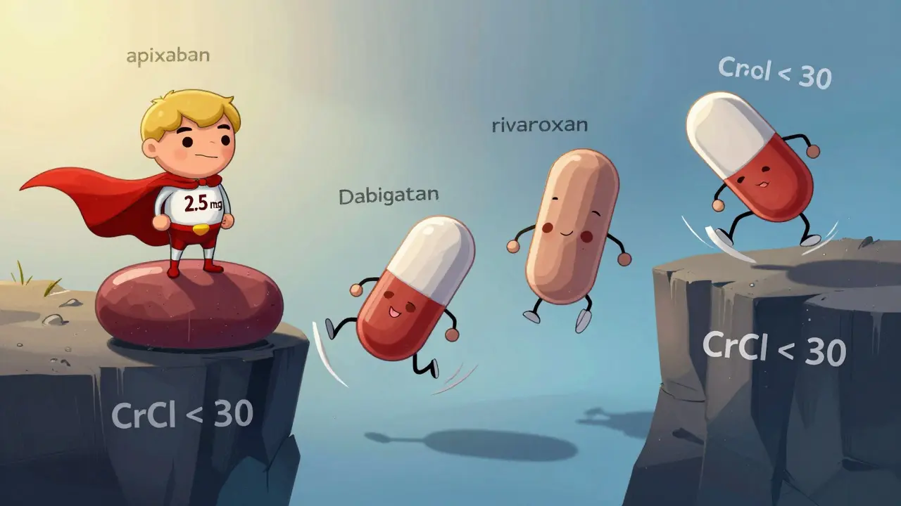 Four DOAC pills with personalities: apixaban superhero safe on kidney rock, others falling off cliff labeled CrCl < 30.