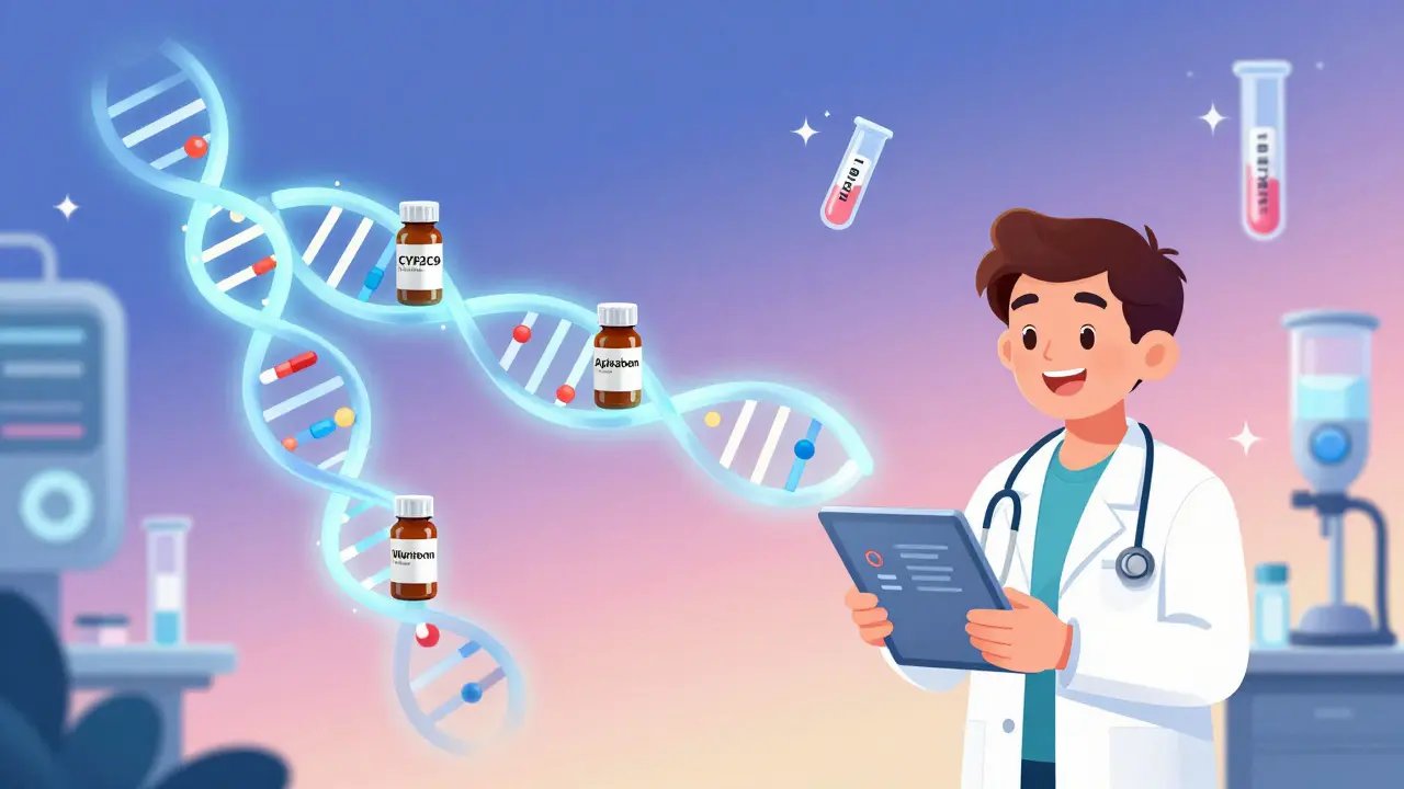 Futuristic lab with DNA strands guiding personalized pill choices, doctor holding tablet, glowing experimental drugs floating nearby.