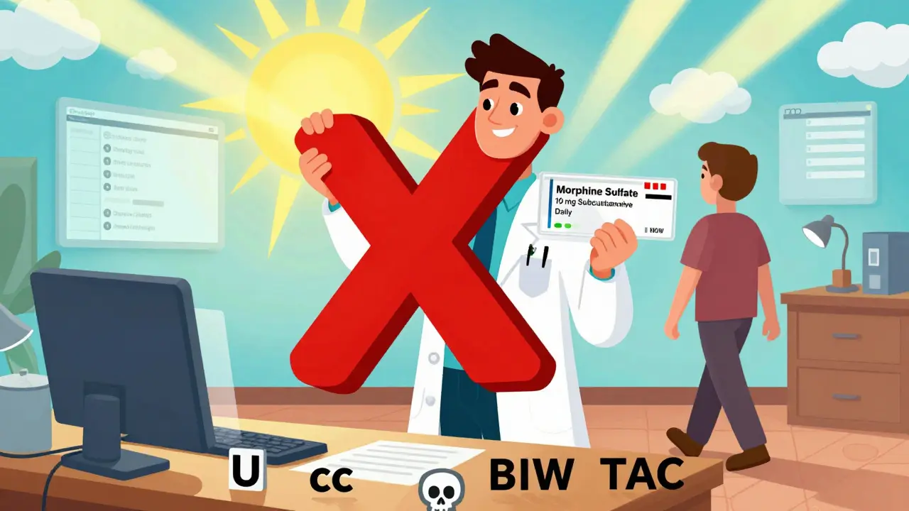 Heroic pharmacist blocks dangerous medical abbreviations as patient walks away safely with clear prescription.