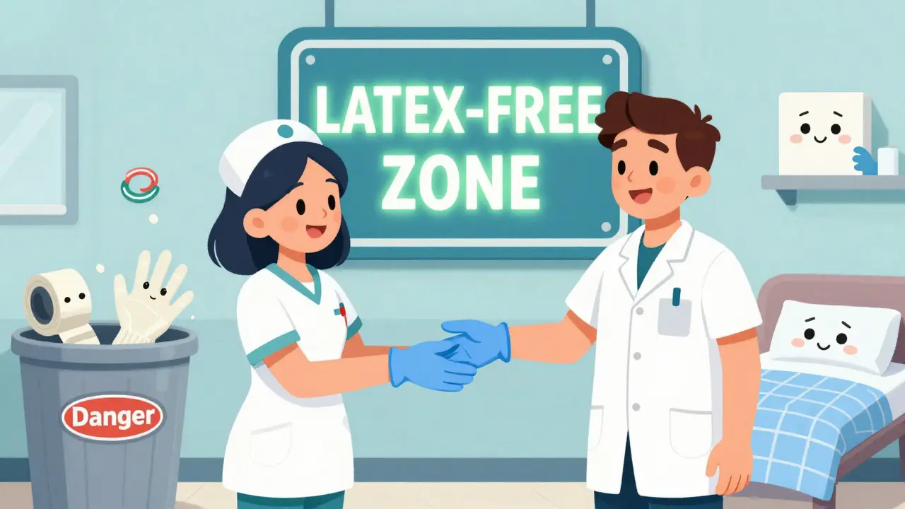 Hospital staff exchanging nitrile gloves under a 'Latex-Free Zone' sign, broken latex items in trash.