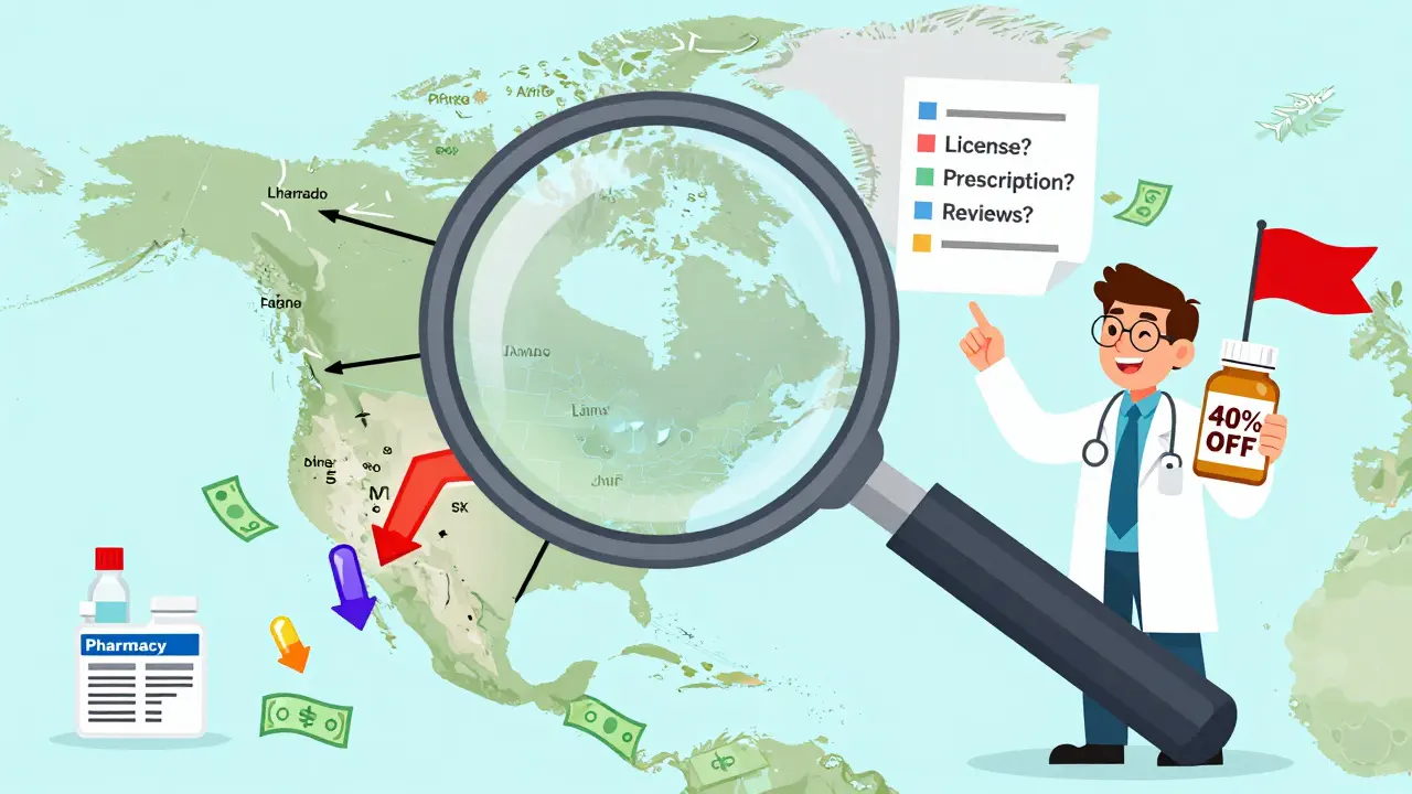 Magnifying glass over a map showing price drops from U.S. to Canadian pharmacies with pharmacist guiding checklist.