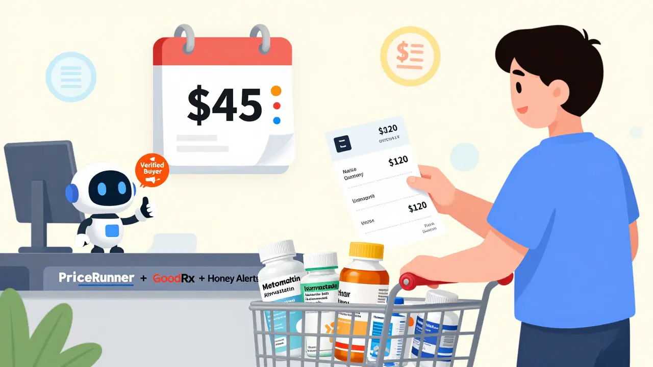 Person checking out generic meds with discounted receipt, price alerts, and verified buyer robot nearby.