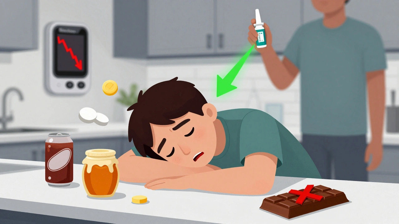 Person confused at kitchen counter with glucose tablets and glucagon spray nearby, chocolate barred.